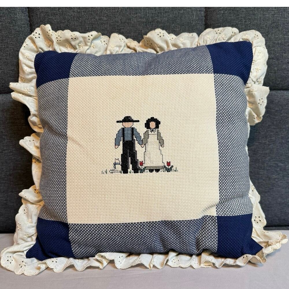 Handmade Decorative Throw Pillow Cross-Stitch Folk-Art Farm Couple Eyelet Lace